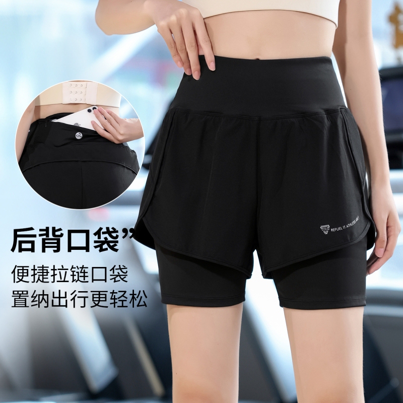 Spring Season Women's Sports Shorts with Back Pockets, Quick-Dry, Anti-Exposure, Faux Two-Piece Gym Shorts, High-Waisted, Breathable Running Training Shorts