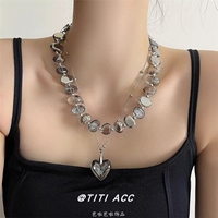 French retro irregular crystal beaded necklace women's niche high-end double-layer stacked love pendant clavicle chain