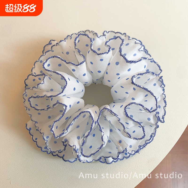 Summer Sweet Blue Polka Dot Four-Layer Large Scrunchie for Women to Tie Hair into a Bun or Low Ponytail