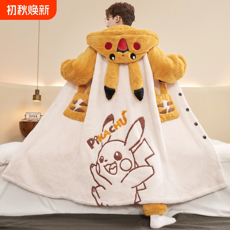 Coral Velvet Men's Pajamas Winter Thickened Cartoon Home Clothes Mid-Length Loose Large Size Hooded Pajamas Home Clothes