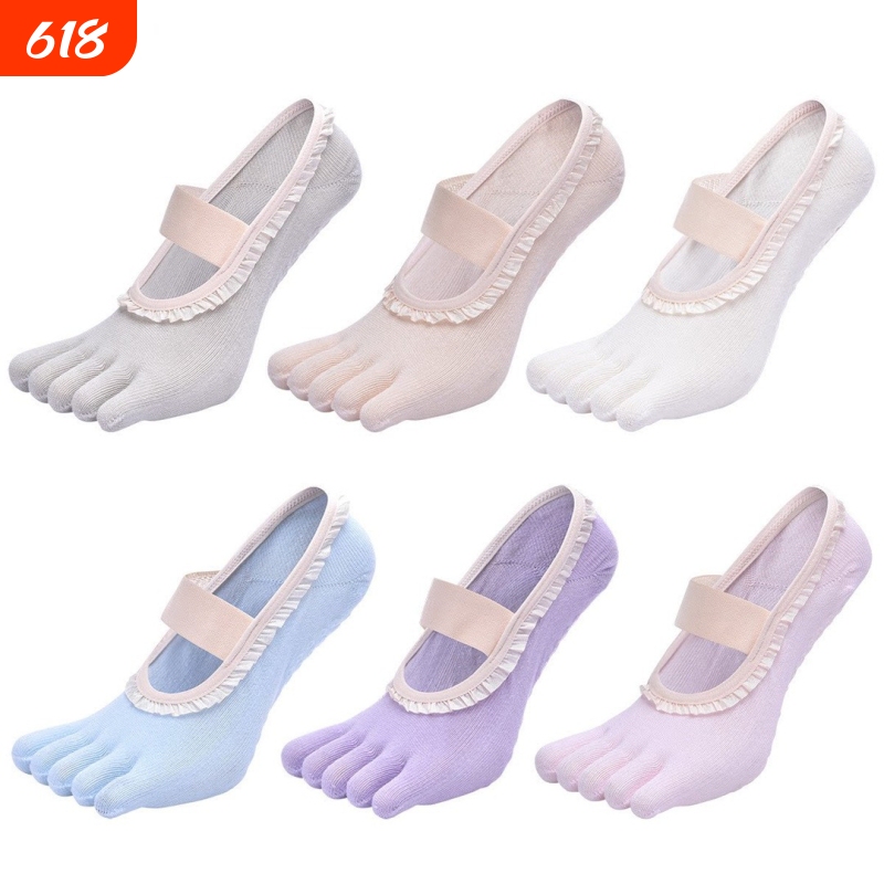 Five-Toe Socks with Lace Trim, Non-Slip Bottom, Suitable for Dance, Aerobics, Fitness, Pilates, Yoga, Seamless Solid Color Cotton Socks