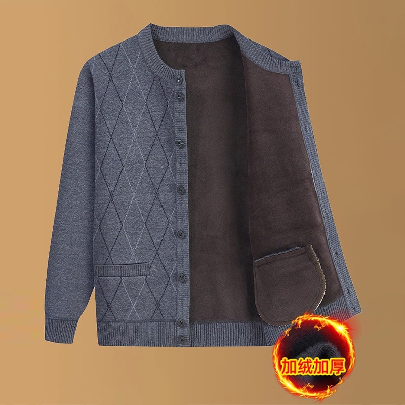 Middle-Aged and Elderly Men's Cardigan Sweater for Autumn and Winter, Fleece-Lined and Thickened, Men's Knitwear, Warm Top for Grandpa