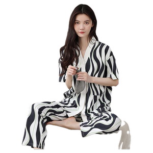 wuakfuier开衫纯棉短袖长裤女睡衣春夏季可外穿和服V领棉绸家居服