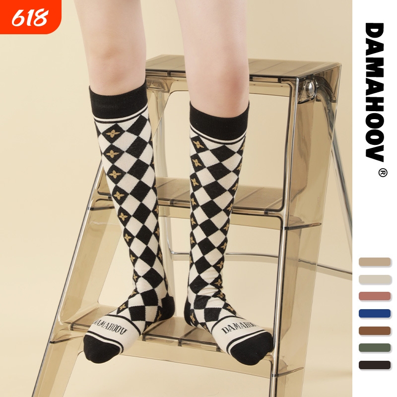 British Plaid College Style High Socks for Women, Houndstooth Pattern Pure Cotton Women's Socks, Ins Trendy Socks, Calf Socks, Jk Long Socks