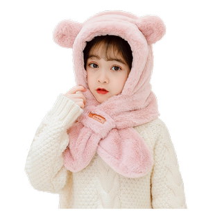 冬天儿童可爱小熊帽子围巾一体冬季新款男童女童宝宝加厚毛绒围脖