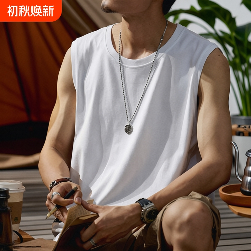 American-Style Heavyweight Pure Cotton Vest for Men, Summer Sleeveless T-Shirt for Outdoor Wear, Fitness Sports Tank Top, Ribbed, White and Black