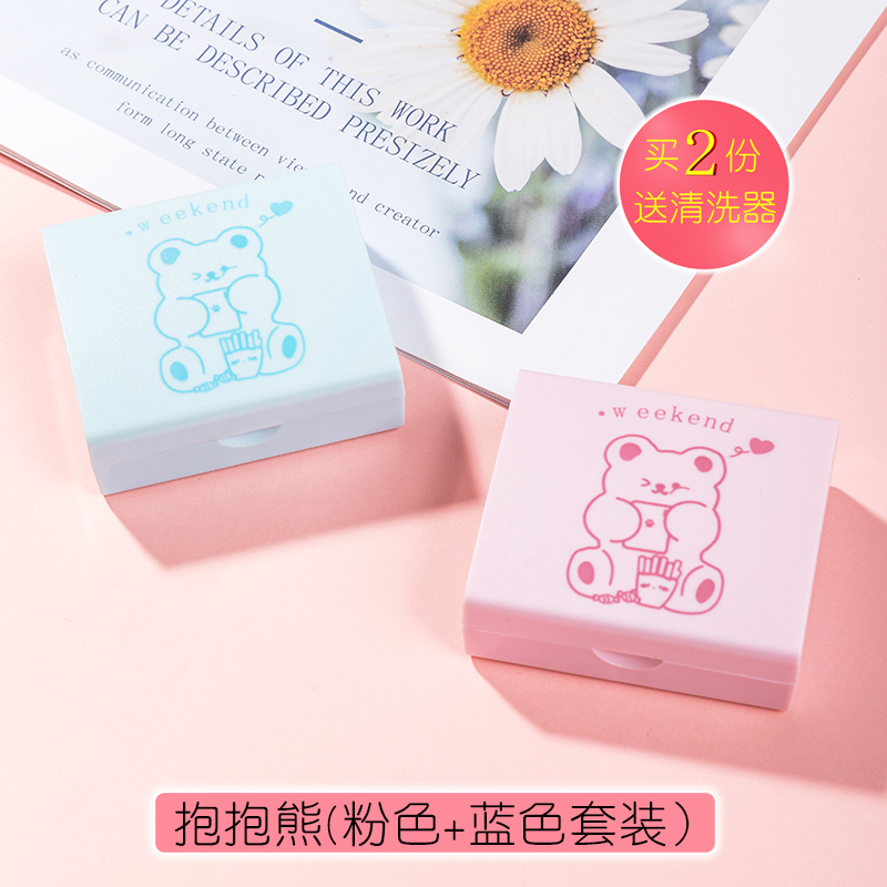 Cuddle Bear (Pink + Blue) Suit Hair TwoBeautiful pupil nursing Storage box contact lens case  ins girl Simplicity Portable myopia  Duplex Companion box