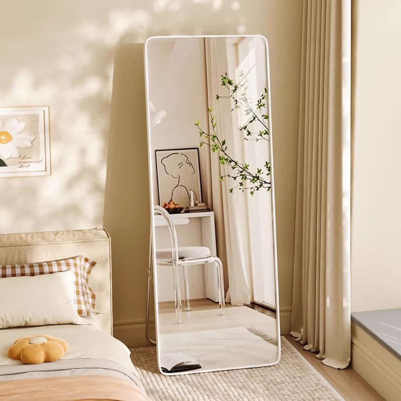 Full-Length Mirror, Floor-Standing Mirror for Home Use, Girls' Bedroom Standing Makeup Mirror, Fitting Mirror with Cream-Colored Frame for Small Apartments