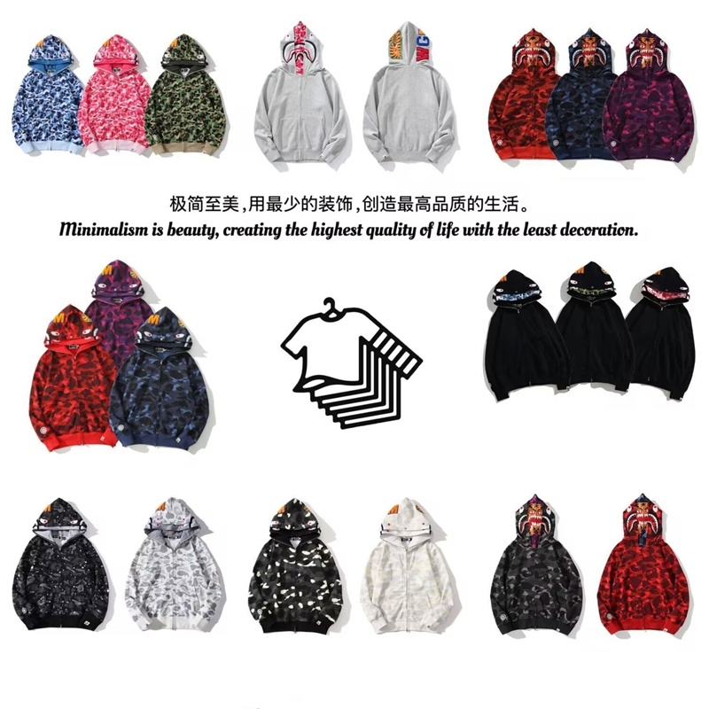 Trendy Brand Ape Hooded Sweatshirt Winter Heavyweight High-Quality Version Shark Ape Shark Camouflage Zip-Up Jacket for Family Matching