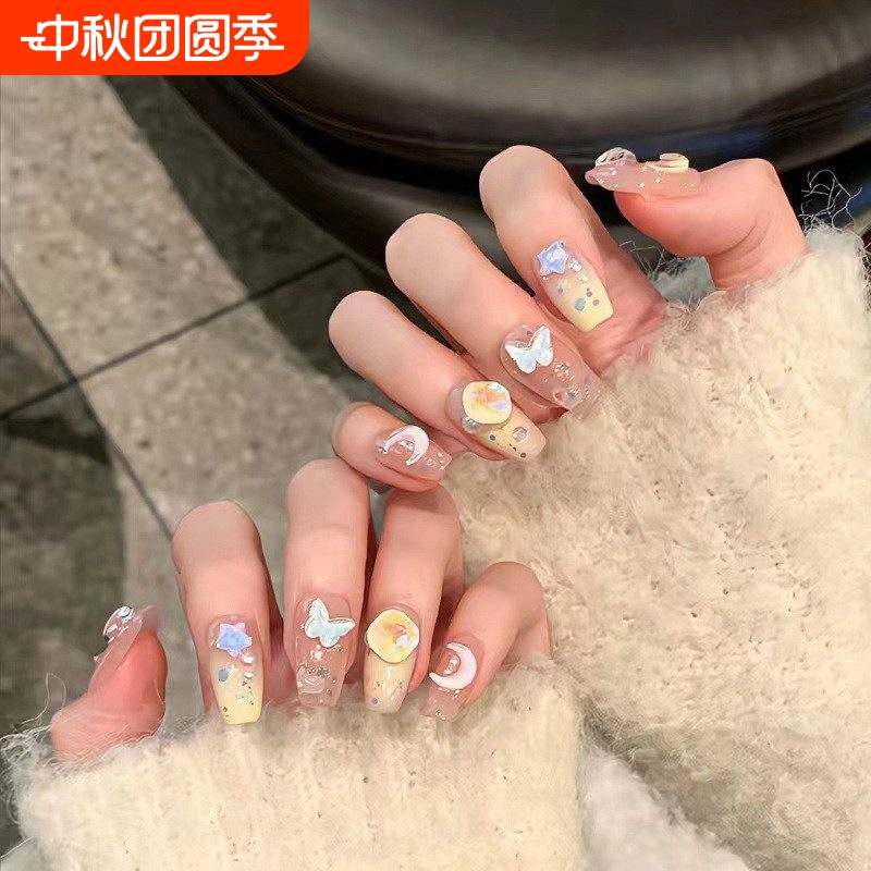 2026 New Model Children's Nail Art Wearable Nails with a High-End Feel, Medium-Length, Brightening Effect, Moon Butterfly Design, 24-Piece Fake Nail Stickers 2026 New Model Children's Nail Art Wearable Nails with a High-End Feel, Medium-Length, Brightening Effect, Moon Butterfly Design, 24-Piece Fake Nail Stickers