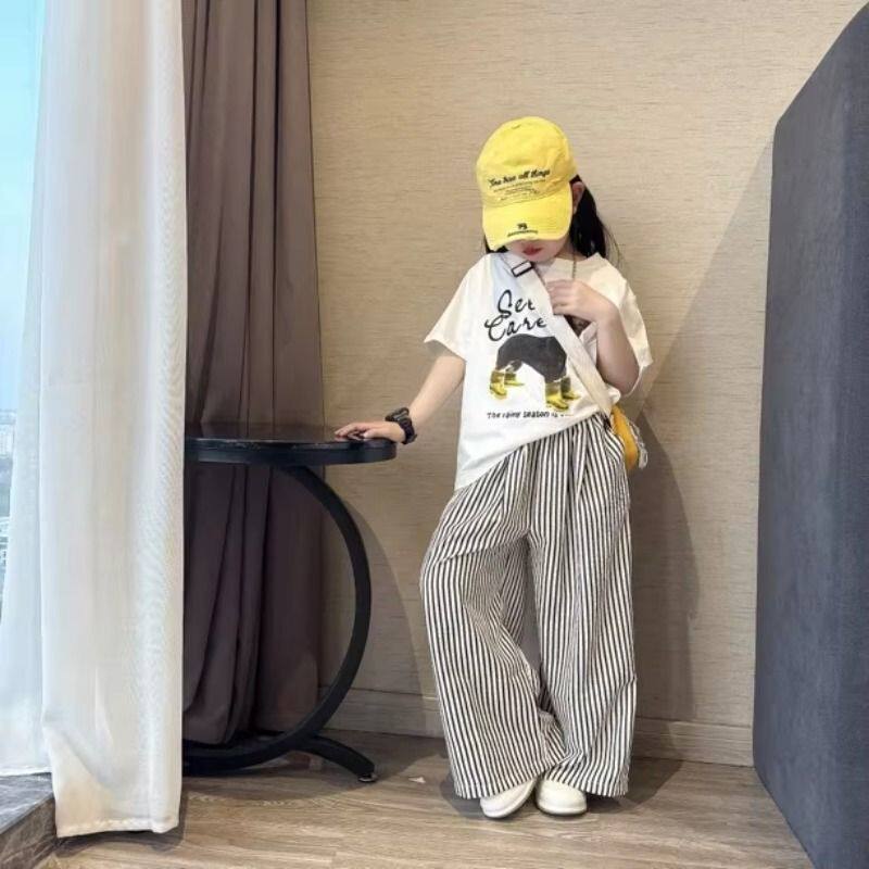 2026 new summer children's short-sleeved T-shirts for girls and boys summer striped pants summer tops two-piece thin set