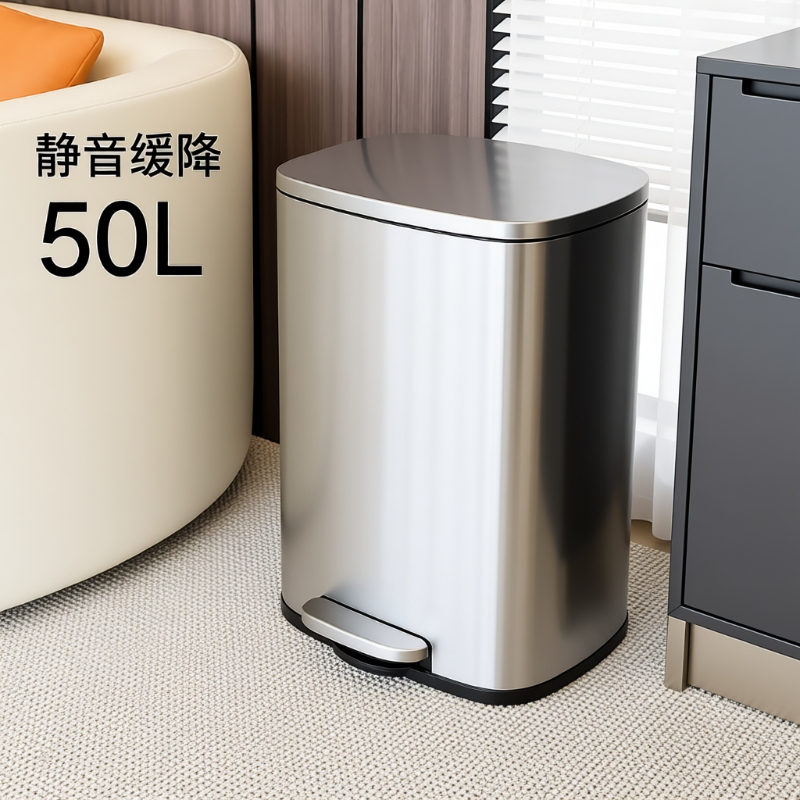 Hotel Office Foot-Operated Extra-Large Trash Can with Lid, Large Capacity 50-Liter Stainless Steel Trash Bin with Lid for Restaurant