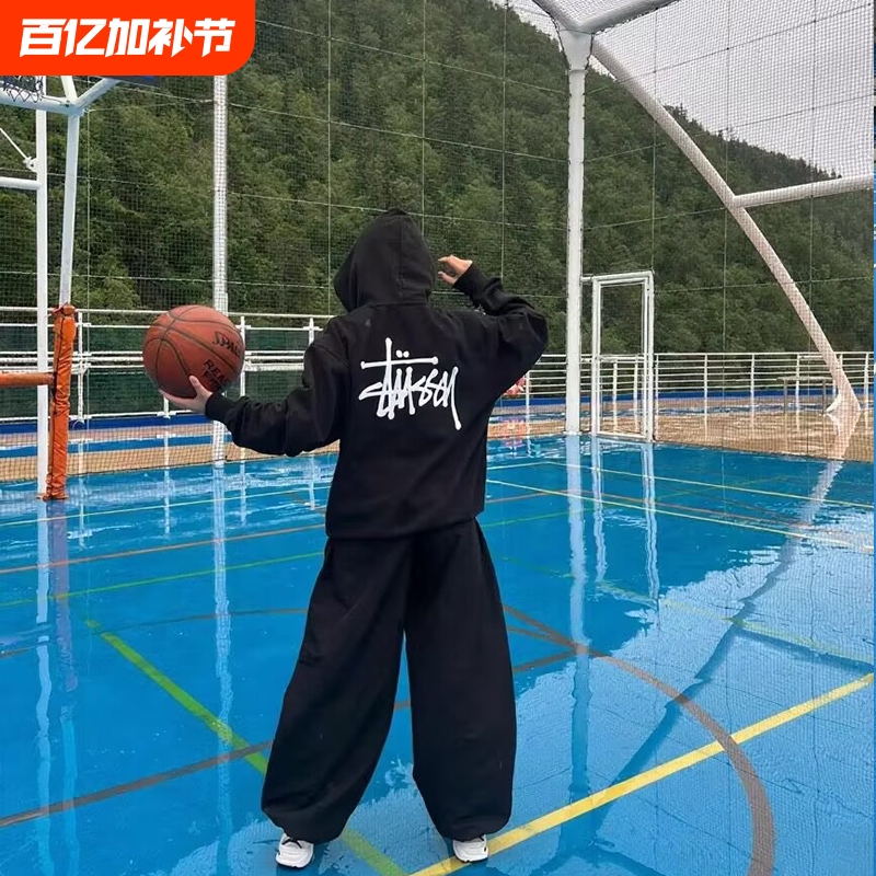 Trendy Brand Stussy Hoodie with Black Eight Embroidery, Loose Fit Pullover Sweatshirt for Sports and Running, Autumn Cherry Hat