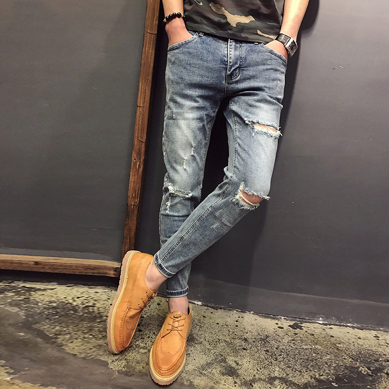 Rich bird ripped jeans men's summer thin section light color nine points trend elastic slim fit Korean casual men's pants