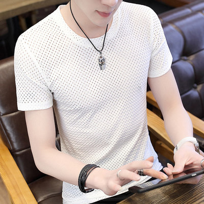 Rich bird new summer ice silk short-sleeved t-shirt men's Korean version of the round neck slim fit trend hollow half-sleeve top trendy brand