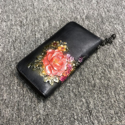 ກະເປົາເງິນຂອງແມ່ຍິງ Wallet ແບບເກົາຫຼີ Retro First Layer Cowhide Women's Hand-hold Long Coin Purse Flower Print Wallet Zipper