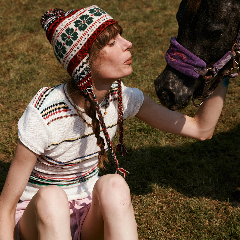Juriho Inspiration | Tanzania Striped Cotton and Linen Breathable Chunky Knit Short Sleeve Top with Flutter Sleeves