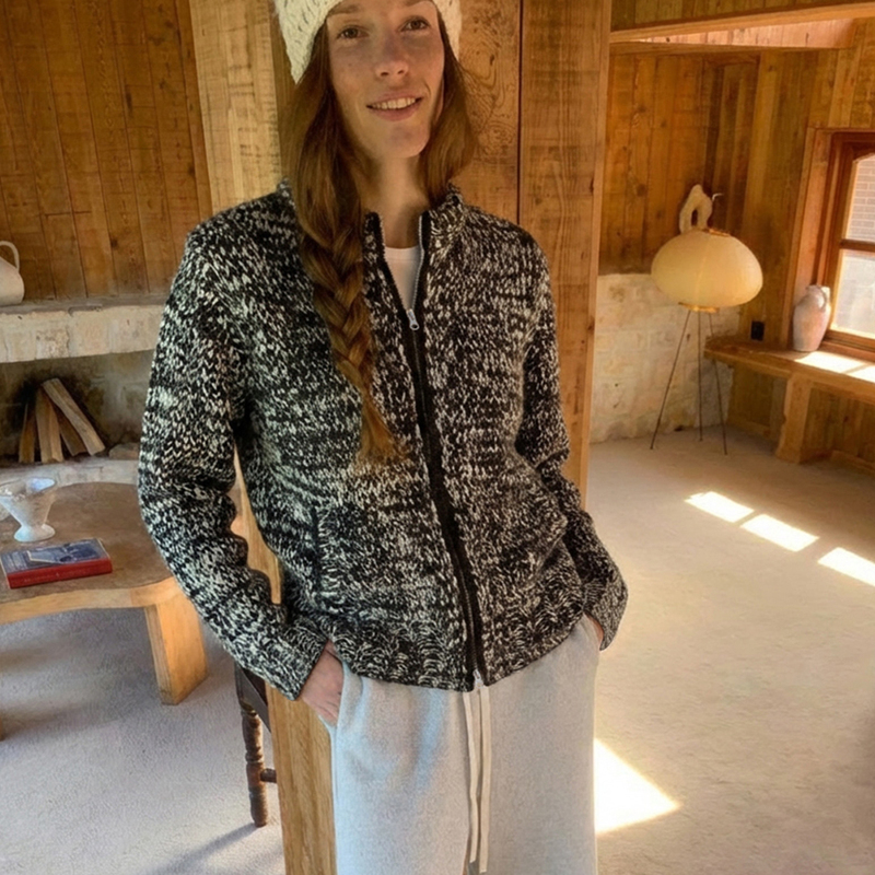 Juriho Wool and Snowflake Blend Winter Double-Zipper Stylish Commuter Warm Knit Jacket
