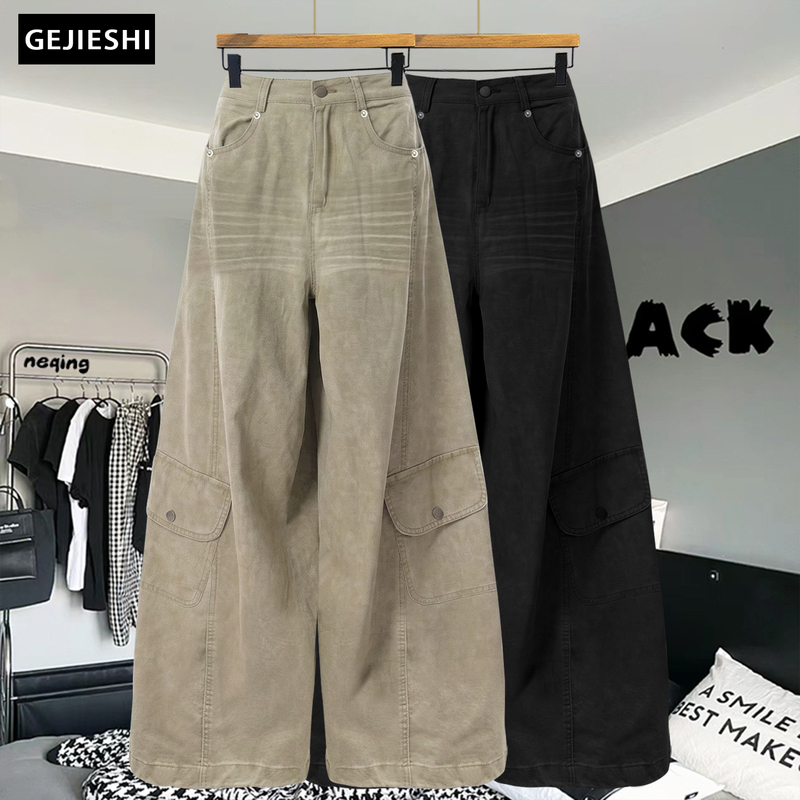 Korean Style Whiskered High-End Pocket Trim Workwear Straight-Leg Jeans for Men, Loose Casual Wide-Leg Trousers Trendy