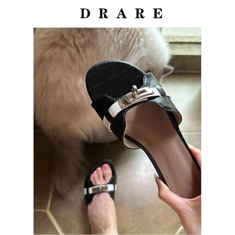 Cowhide Version! Small Gold Buckle Slippers for Women Crocodile Pattern Summer Outer Wear French Sandals Soft Bottom Beach Half Slippers