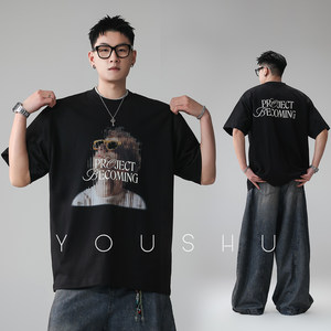 American Retro Blurred Portrait Letter Print Design Round Neck T-Shirt for Men 2026 Summer New Loose Half-Sleeve Trendy