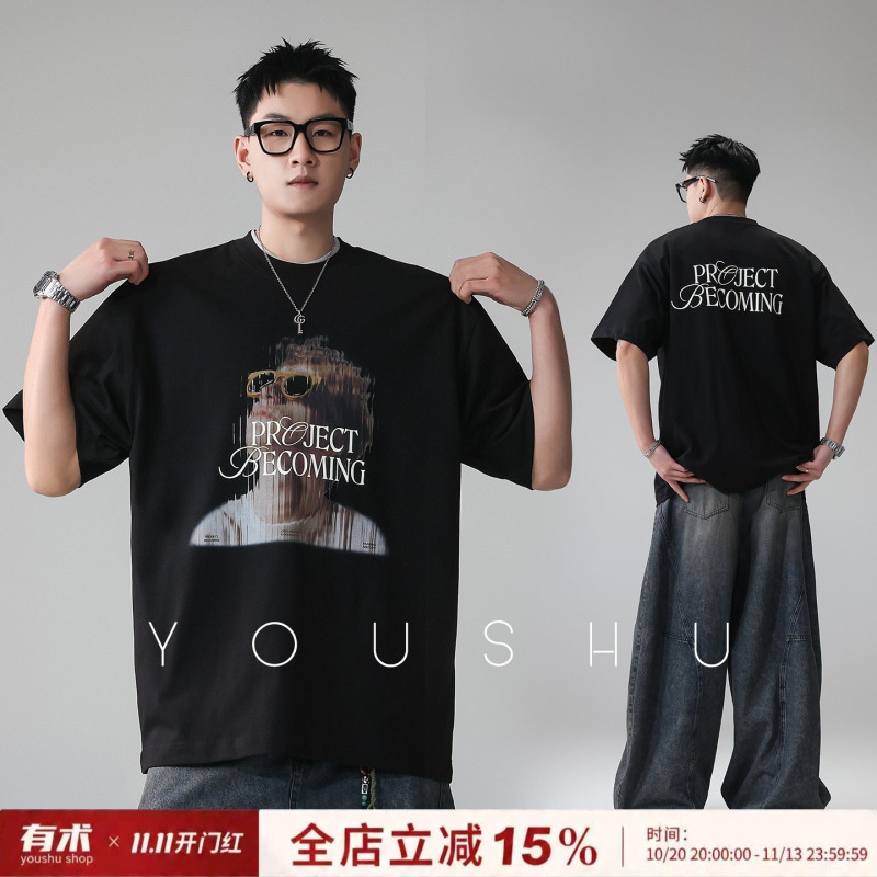 American Retro Blurred Portrait Letter Print Design Round Neck T-Shirt for Men 2026 Summer New Loose Half-Sleeve Trendy