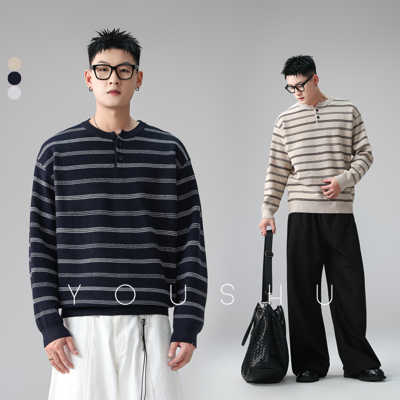 Youshu Henry Collar Color-Blocked Striped Old Money Sweater for Men 2026 Autumn New Style Relaxed Loose Soft Knitwear Youshu Henry Collar Color-Blocked Striped Old Money Sweater for Men 2026 Autumn New Style Relaxed Loose Soft Knitwear