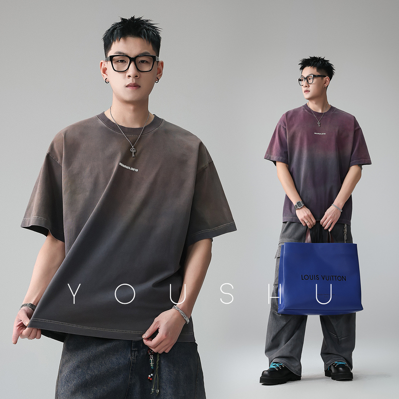 American Retro Distressed Gradient Tie-Dye Casual Relaxed Round Neck T-Shirt for Men 2026 Summer New Drop Shoulder Short Sleeve