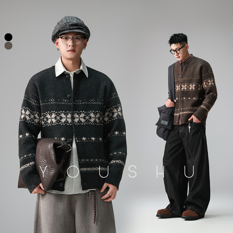 Youshu Fair Isle Retro Loose Cardigan Sweater for Men 2026 Autumn New Trendy Brand Design Knitwear Jacket Youshu Fair Isle Retro Loose Cardigan Sweater for Men 2026 Autumn New Trendy Brand Design Knitwear Jacket