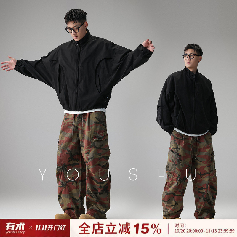 Stand Collar American-Style Jacket for Men, 2026 Spring and Autumn New Batwing Sleeve Loose Flight Short Jacket Trendy