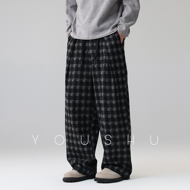 American-Style Plaid Retro Wide-Leg Casual Pants for Men, Spring 2026 New Style, Drapey Drawstring Loose Trendy Brand Long Pants American-Style Plaid Retro Wide-Leg Casual Pants for Men, Spring 2026 New Style, Drapey Drawstring Loose Trendy Brand Long Pants