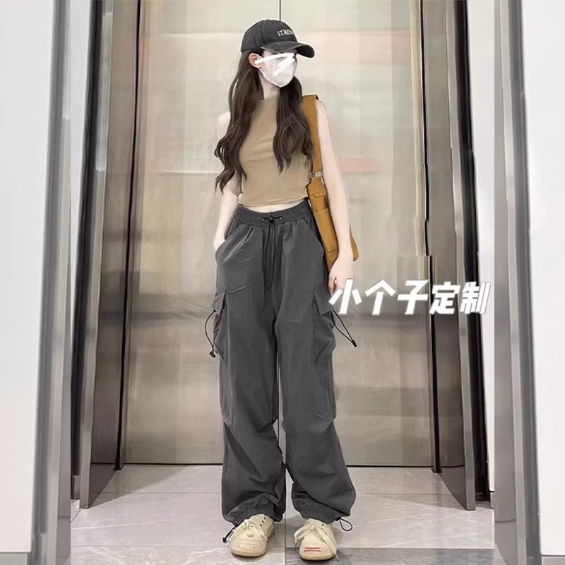 145 Petite Design-Inspired Quick-Dry Cargo Pants for Women, High-Waisted, Wide-Leg, Jogger-Style Casual Sports Pants, Summer Thin Version, Size XS