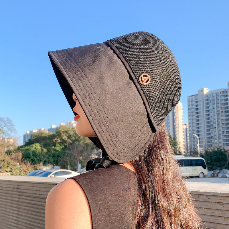 Black fisherman hat 2023 new style straw splicing basin hat for women  summer slit sun hat for women sun protection