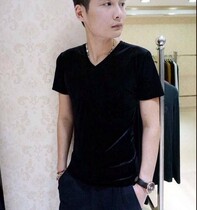 Spring and summer new fashion business leisure superior quality plus code male gold velvet short sleeve V-collar T-shirt