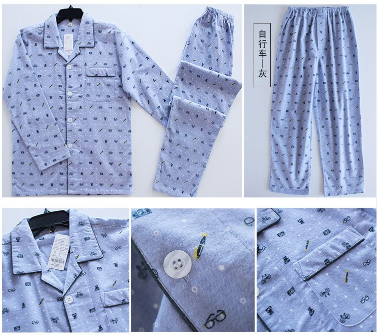 Bộ đồ ngủ bằng nhung cotton nguyên chất nam dài tay Nhật Bản lưới tinh tế mùa xuân và mùa thu mặc sang trọng vải cotton phục vụ nhà phù hợp shop quần áo nam