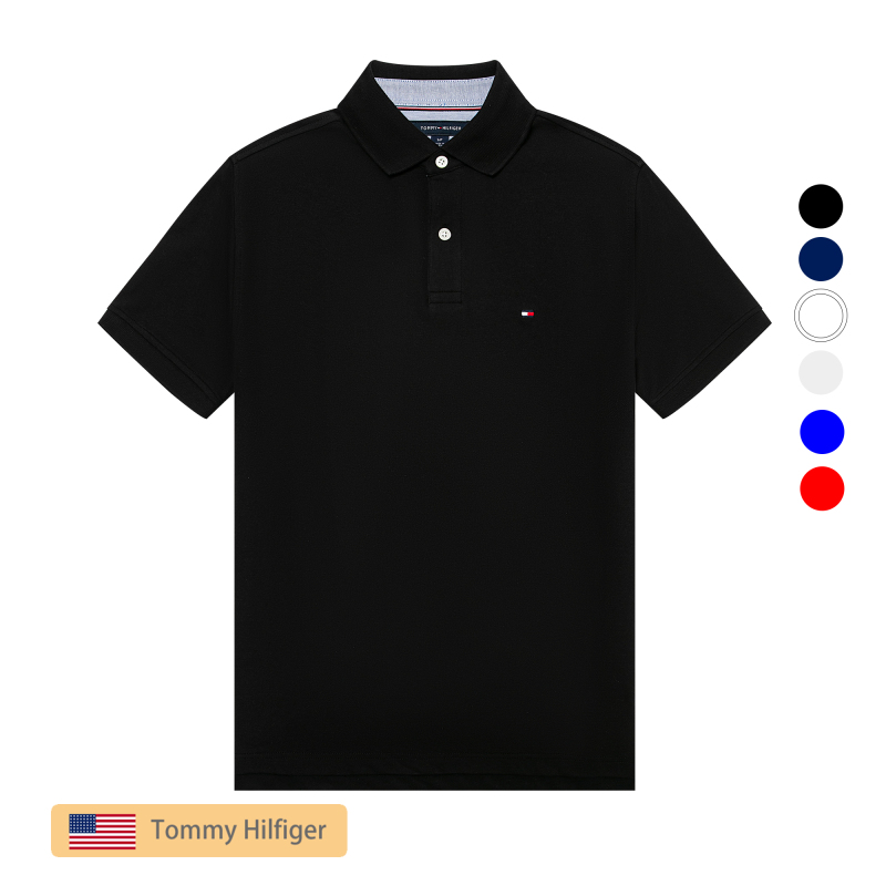 American Tommy Tommy Hilfiger Men's Casual Short-Sleeved Polo Shirt Stretch Cotton Breathable Lapel T-Shirt Summer