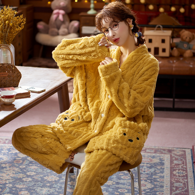 Autumn and Winter Fleece-Lined Coral Fleece Pajamas for Women, Winter Thickened Plush Flannel Loungewear, Winter Warm Set