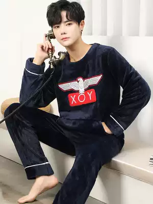 Pajamas men's autumn and winter long-sleeved coral velvet plus velvet thickened winter warm flannel home clothes winter suit
