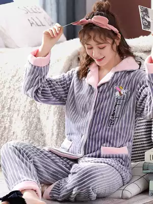 Winter coral velvet pajamas ladies plus velvet thickened warm autumn winter long sleeve flannel Spring and Autumn Home clothing set