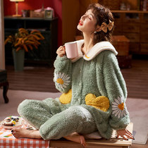 Coral Suede Pajamas Woman Spring Autumn Thickened Warm Long Sleeve Flannel Velvet Autumn Winter Home Clothing Cardiovert Suit External Wear