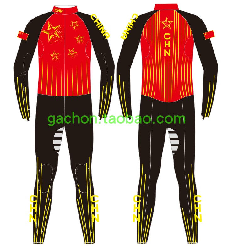 Chinese Red Five Star Line Term Short Track Suit Long One-Piece Skating Sportswear