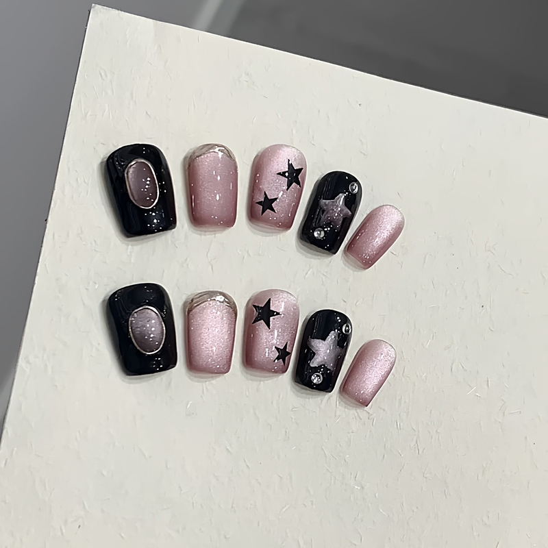 [Pink Focus] Handmade Wearable Nails Black Pink Star Cat Eye Manicure Personalized Nail Stickers Reusable and Removable