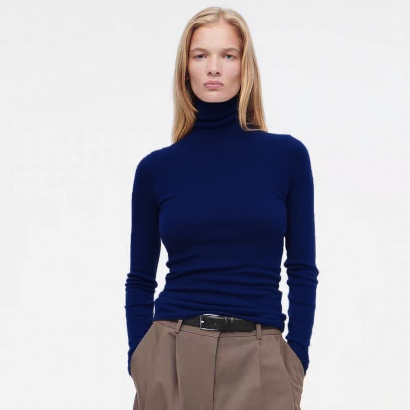 Merino Wool Blend Sweater, Turtleneck, Regular Style, Off-White, Slim Fit, Cashmere Knit Top, Base Layer