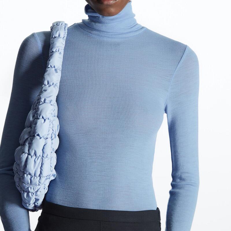 Merino Wool Blend Sweater, Turtleneck, Regular Fit, Slimming Cashmere Knit Top, Base Layer, Blue Cashmere