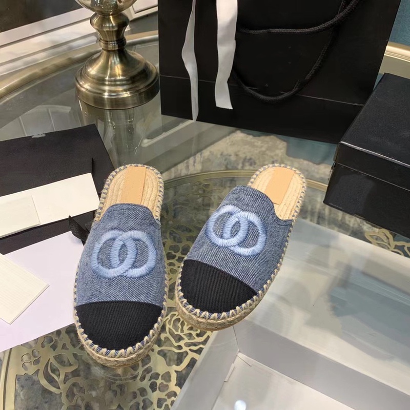 Baotou Fisherman's Shoes and Half Slippers for Women Blue Denim Denim Straw Hemp Rope Flats Bottom Small Fragrant Style Lazy Shoes Flats