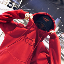 Red sweater women hooded 2021 new embroidery loose Korean version of spring and autumn and winter long thin top tide ins