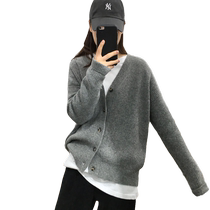 Gray knitted cardigan womens new autumn and winter loose and versatile outer top single-breasted long-sleeved V-neck sweater jacket