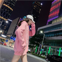 Pink sweater womens spring and autumn and winter thin section plus velvet hooded loose middle and long section Korean version of the tide brand autumn 2021 new