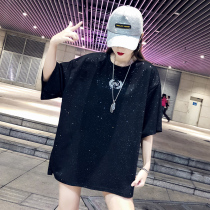2021 new European goods large edition loose t-shirt womens short-sleeved sequins net red medium-long black shiny ins tide brand