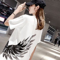 net red t-shirt female ins super fire pure cotton wings 2021 new summer loose in the long section wild short-sleeved tide white